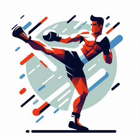 Boxer kicks the ball. Vector illustration in a flat style.のイラスト素材