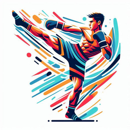Vector illustration of a kickboxer in action with abstract background.のイラスト素材