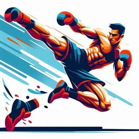 Illustration of a boxer jumping with boxing gloves. Vector illustration.のイラスト素材