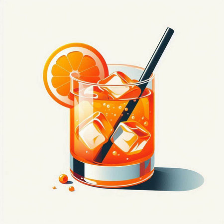 Cocktail with ice cubes, orange and straw. Vector illustration.のイラスト素材