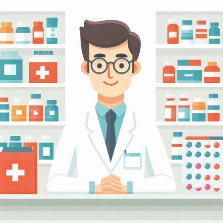 Male pharmacist standing in front of shelves full of medicines vector illustrationのイラスト素材