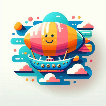 Vector illustration of cute cartoon airship on colorful background with clouds.のイラスト素材