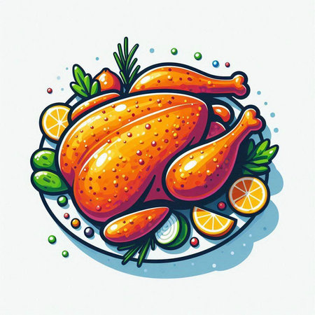 Illustration of a roasted chicken on a plate with oranges and herbsのイラスト素材