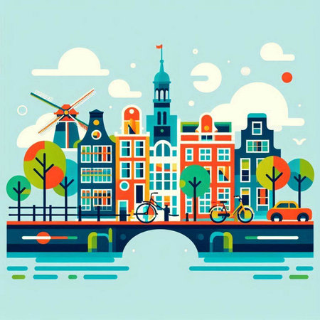Amsterdam, Netherlands. Vector illustration in flat design style. City landscape.のイラスト素材