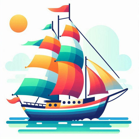 Sailing boat on the sea. Vector illustration in flat style.のイラスト素材