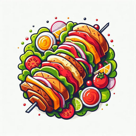 Vector illustration of kebab on a skewer with vegetables.のイラスト素材