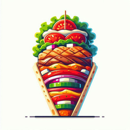 Vector illustration of fast food. Doner kebab sandwich with tomato, lettuce, cucumber, onion, pepper and cheese on white backgroundのイラスト素材