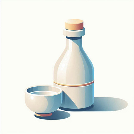 Illustration of a bottle and a cup of sake on a white backgroundのイラスト素材
