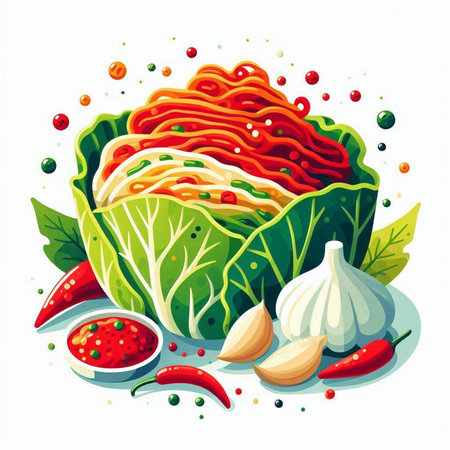 Vegetable salad with chili pepper and garlic, vector illustration.のイラスト素材