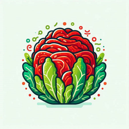 Illustration of a red cabbage with green leaves on a light backgroundのイラスト素材