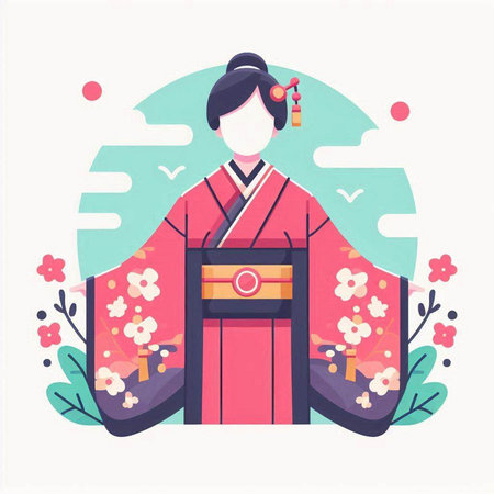 Japanese woman wearing a traditional kimono. Vector illustration in flat style.のイラスト素材