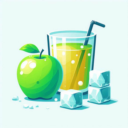 Green apple juice in a glass with ice cubes. Vector illustration.のイラスト素材
