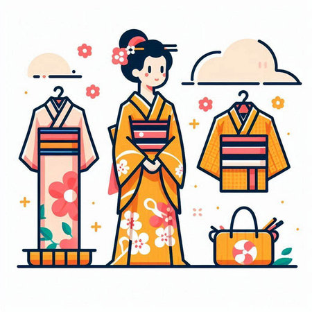 Japanese girl in kimono with a basket of flowers. Vector illustration.のイラスト素材