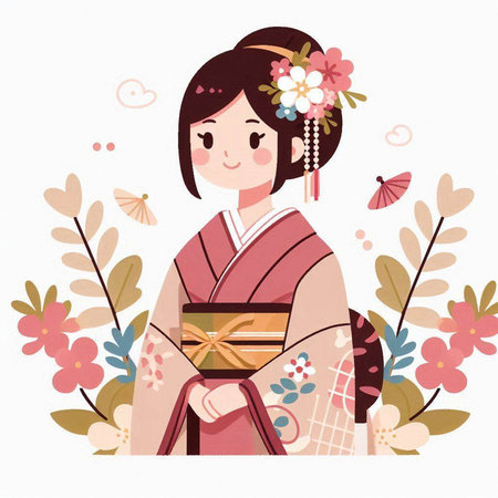 Cute japanese girl with kimono. Vector illustration.のイラスト素材
