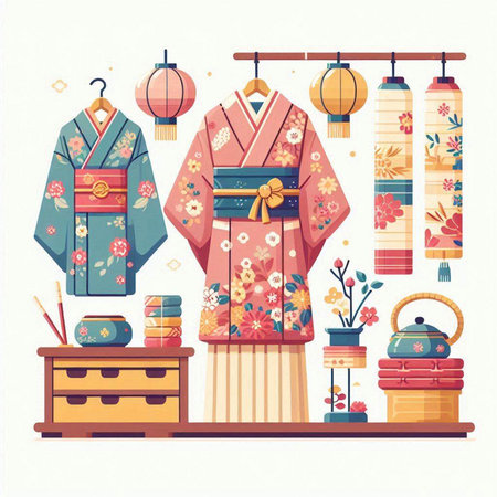 Japanese kimono set. Traditional japanese clothing. Vector illustrationのイラスト素材