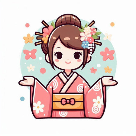 Cute kimono girl in kimono vector illustration.のイラスト素材