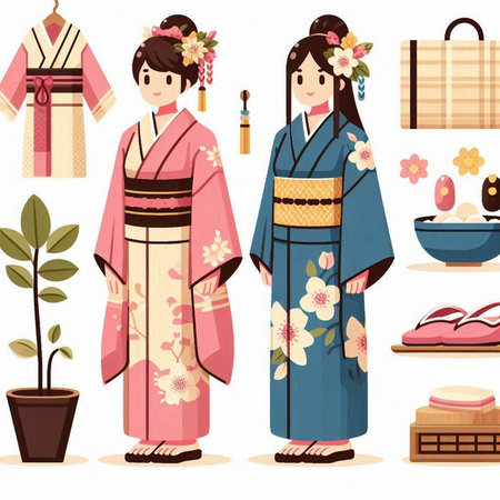 Japanese girl and boy in kimono set. Vector illustration.のイラスト素材