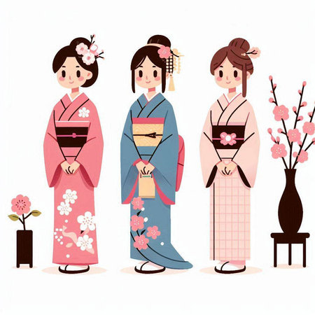 Japanese girls in kimono and sakura. Vector illustration.のイラスト素材