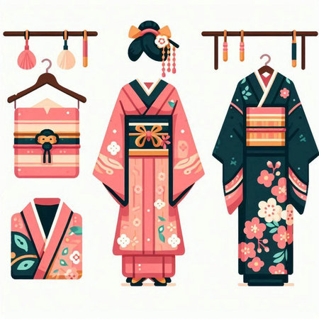 Japanese kimono set. Traditional japanese clothing. Vector illustrationのイラスト素材