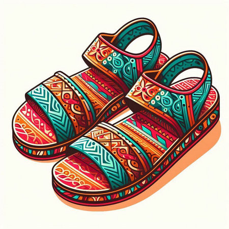 Vector illustration of a pair of colorful slippers in ethnic style.のイラスト素材
