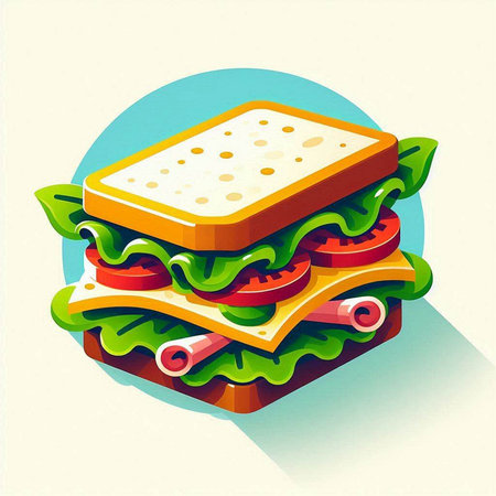 Sandwich with cheese, ham, tomato and lettuce. Vector illustration.のイラスト素材