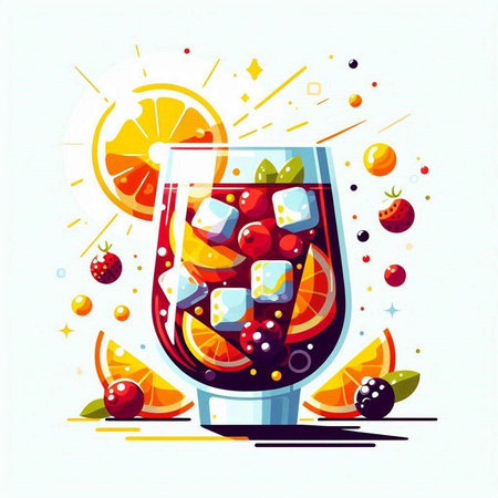 Cocktail decorated with fruits and ice cubes. Vector illustration.のイラスト素材