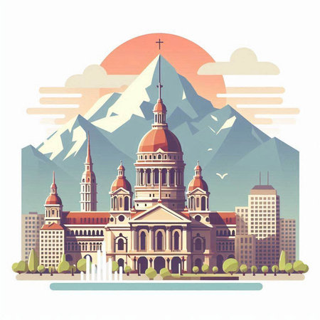 Montreux Cathedral on the background of the mountains. Vector illustration.のイラスト素材