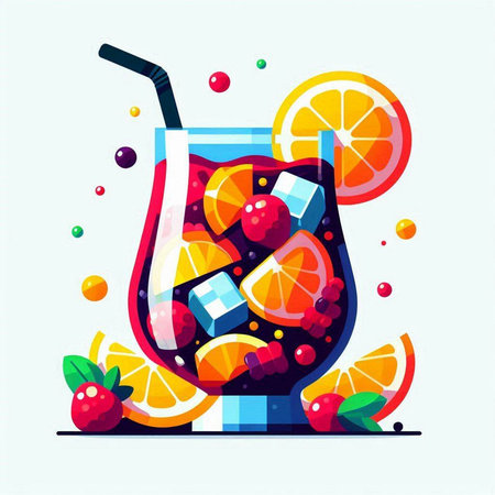 Cocktail with orange, strawberry and ice cubes. Vector illustration.のイラスト素材