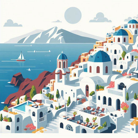 Santorini. Greece. Vector illustration in flat style.のイラスト素材