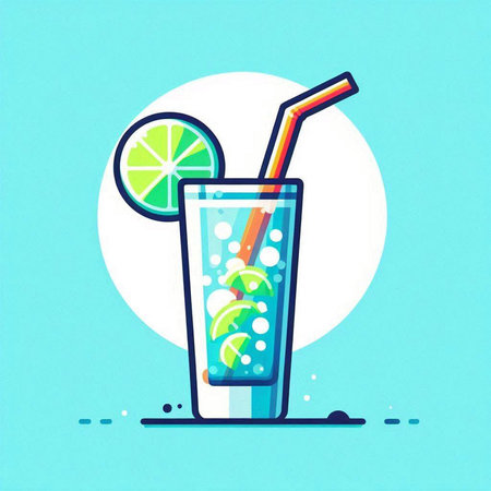 Cocktail with lime, ice and straw. Vector illustration.のイラスト素材