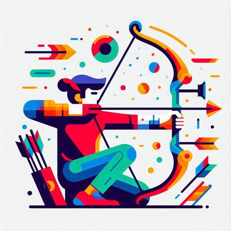 Archery sport vector illustration. Man with bow and arrow aiming at target. Flat style design.のイラスト素材