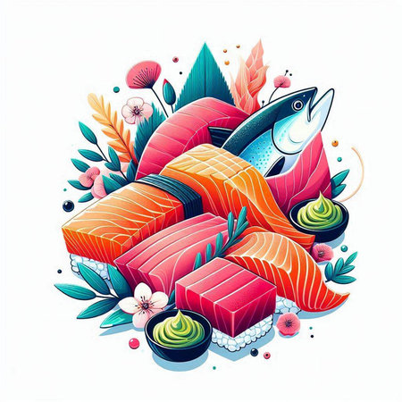 Vector illustration of sushi with salmon, seaweed, wasabi and soy sauce.のイラスト素材