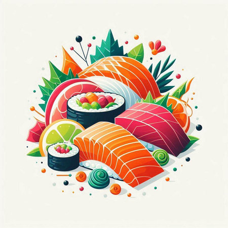 Vector illustration of Sushi roll with salmon, tuna, caviar, cream cheese, seaweed, wasabi, ginger, wasabi and mayonnaise.のイラスト素材