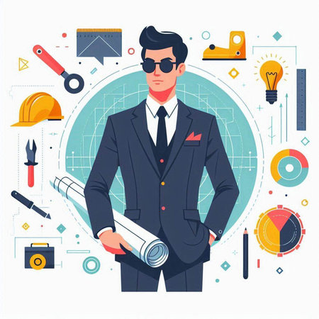 Engineer in a helmet and glasses holds a blueprint. Vector illustrationのイラスト素材