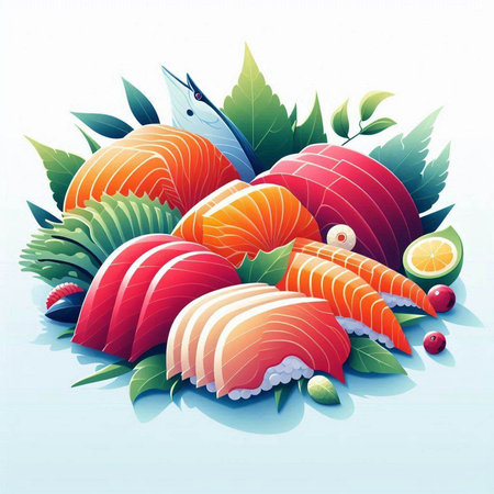 Illustration of Sushi and Sashimi with Green Leaves on White Backgroundのイラスト素材