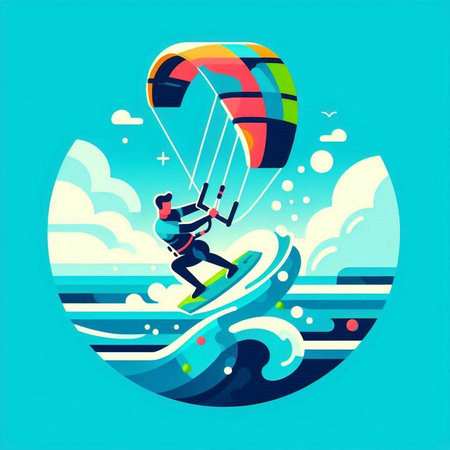 Kitesurfing vector illustration. Man in kite surfing on the waves.のイラスト素材