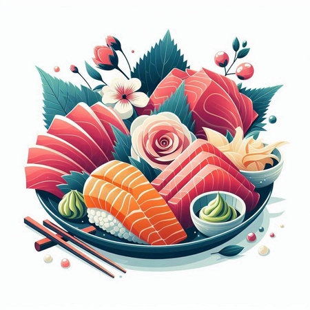 Vector illustration of japanese food sashimi and sushi rolls.のイラスト素材