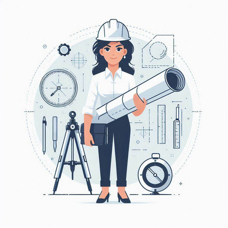 Engineer woman with construction plans. Vector illustration in flat style.のイラスト素材