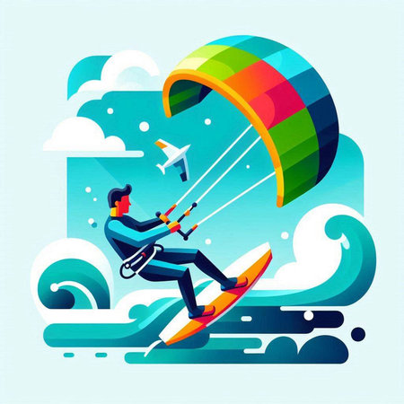 Man riding a kite on the waves. Vector illustration in flat styleのイラスト素材