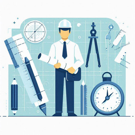 Engineer, architect or engineer in office. Vector illustration in flat styleのイラスト素材
