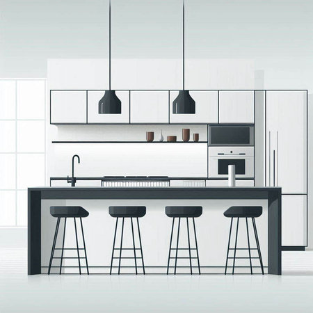 Kitchen interior with black and white furniture, 3d render illustrationのイラスト素材