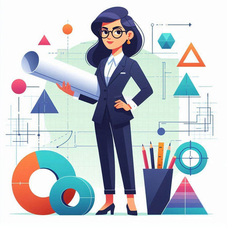 Young business woman in glasses standing with roll of paper. Vector illustration.のイラスト素材