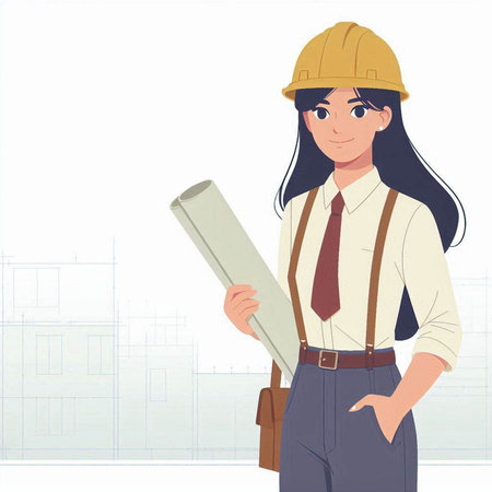 Illustration of a female engineer holding a blueprint on a construction siteのイラスト素材