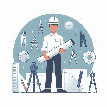 Engineer with drawing equipment. Vector illustration in flat design style.のイラスト素材