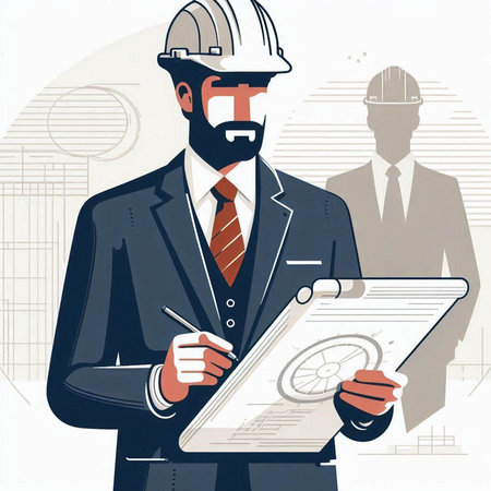 Architect working on construction site. Vector illustration in retro style.のイラスト素材