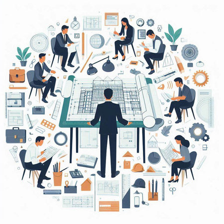 Architecture and construction concept. Workplace of engineer, architect, engineer, architect, engineer. Vector illustrationのイラスト素材