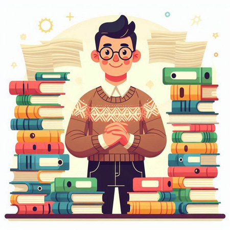 Young man with pile of books. Vector illustration in flat style.のイラスト素材