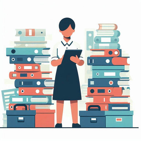 Woman in office with pile of documents. Flat style vector illustration.のイラスト素材