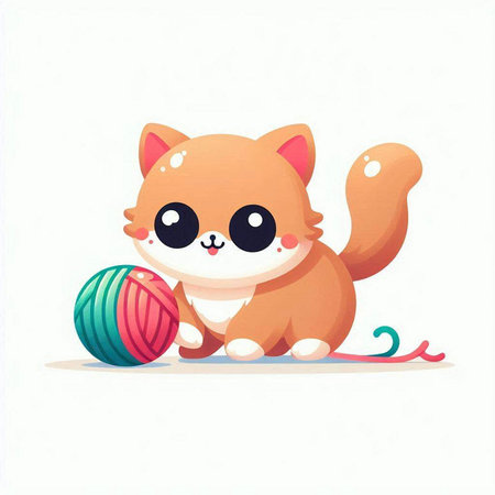 Cute cartoon cat playing with ball of yarn. Vector illustration.のイラスト素材