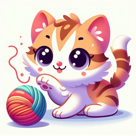Cute cartoon cat playing with ball of yarn. Vector illustration.のイラスト素材